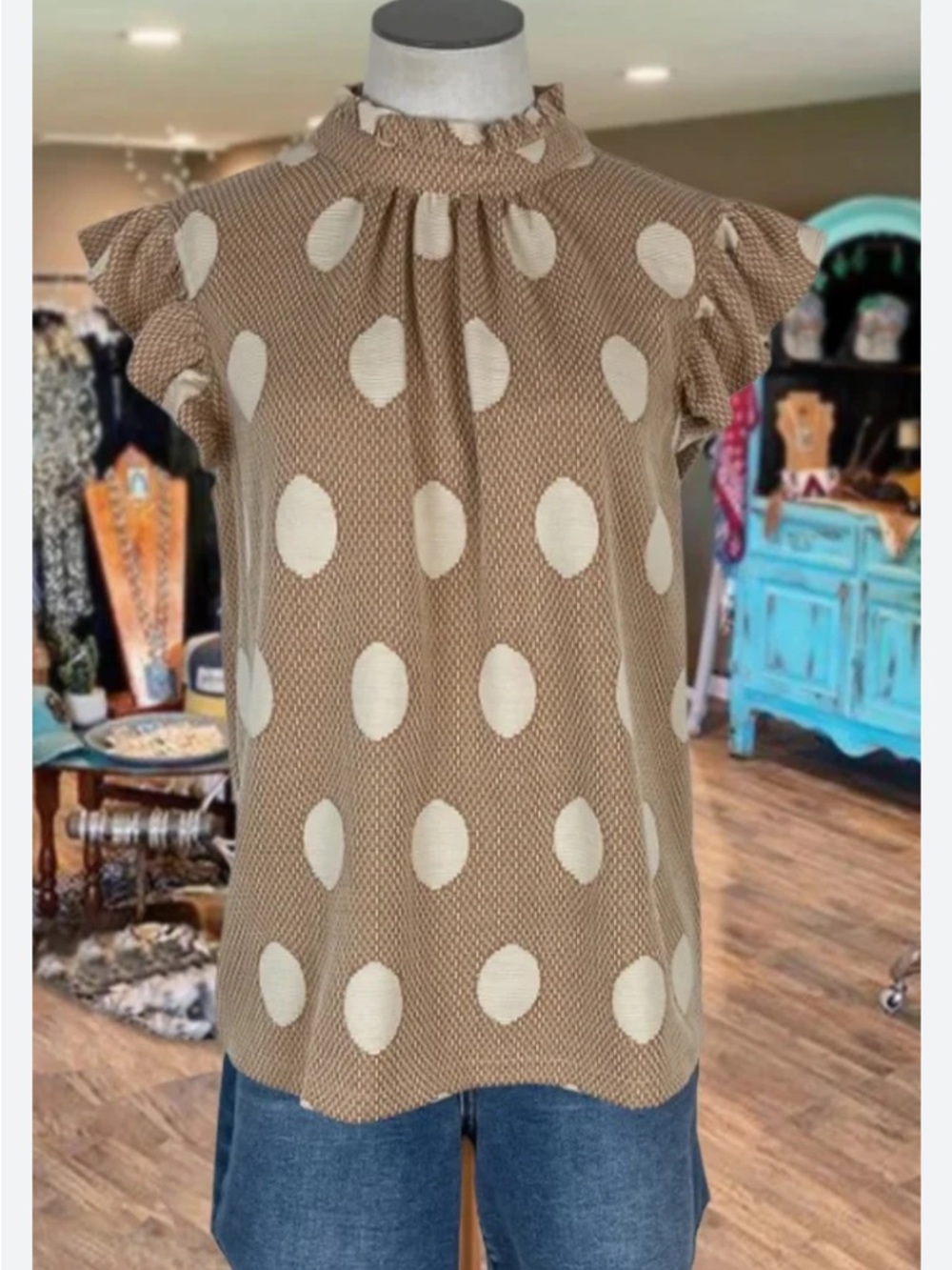 Voy Textured Tie Neck Polka Dot Top Sz M